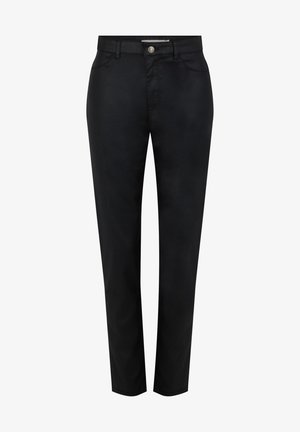 Schwarze, gerade geschnittene Hosen mit vorderem Knopf- und Reißverschluss, Gürtelschlaufen und Seitentaschen, abgebildet vor einem schlichten weißen Hintergrund.