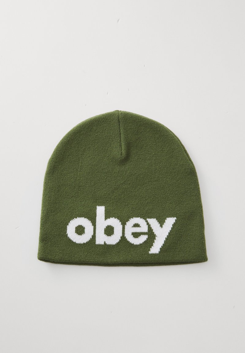Olive green knit beanie hat with white lowercase "obey" text centered on the front against a plain white background.