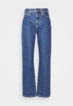 Blue denim jeans with a wide-leg cut, high waist, contrast stitching, and classic five-pocket design. Textured fabric with a smooth finish.