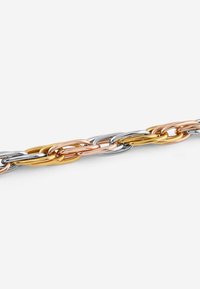 Drie onderling verbonden metalen schakels in zilver, goud en roségoud. Heeft een glad oppervlak met een gepolijste afwerking.