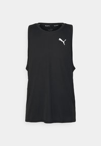 Débardeur de sport noir sans manches en tissu léger, avec un logo Puma blanc sur la poitrine gauche et des poches latérales.