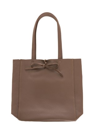 Brown leather tote bag with double handles and a leather bow tied at the front center, textured surface, rectangular shape.
