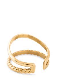 Inel ajustabil cu nuanță aurie, având un design răsucit pe o bandă și o bandă netedă, dreaptă, pe cealaltă. Minimalist și modern.
