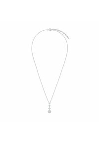 Srebrny naszyjnik z delikatnym łańcuszkiem, z trzema połączonymi zawieszkami, w tym okrągłym, wzorzystym akcentem na dole.