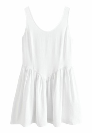 Robe blanche sans manches en tissu léger, avec un col arrondi et une taille froncée pour une silhouette évasée.
