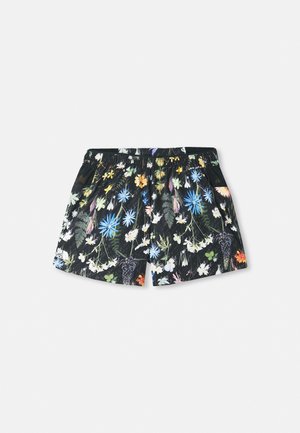 Shorts à motif floral sur fond noir. Fabriqués en tissu léger, avec une taille élastique et des poches latérales.