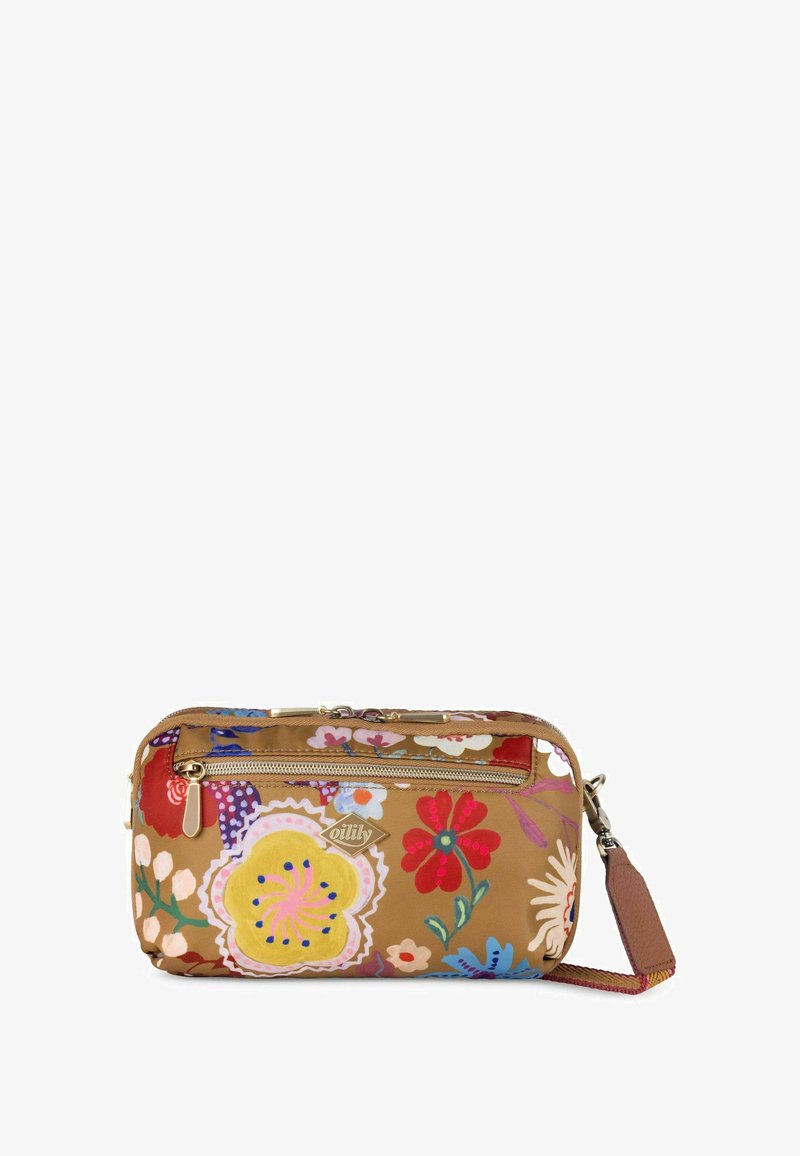 Blumengemusterte Tasche in Beige, mit mehreren Reißverschlussfächern, Hardware in Goldtone und einem abnehmbaren Handgelenkriemen.