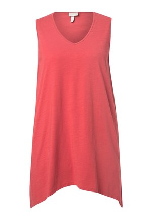 Ärmellose V-Ausschnitt-Tunika in Koralle, aus weichem Stoff gefertigt. Sie verfügt über einen asymmetrischen Saum und eine lockere, entspannte Passform.