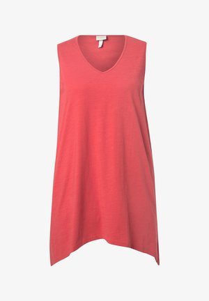 Bezramionowa tunika w kształcie v w kolorze koralowym, wykonana z miękkiego materiału. Charakteryzuje się asymetrycznym dołem i luźnym, swobodnym krojem.