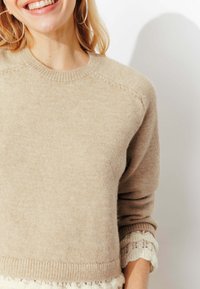 Pull beige clair en maille texturée, col rond et poignets côtelés avec bords festonnés. Matière douce de poids moyen.