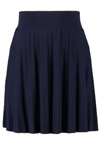 Marinblå plisserad kjol med elastisk midja, tillverkad av ett mjukt tyg med slät textur och knälång längd.