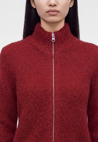 Femme portant un pull rouge duveteux à fermeture éclair avec un col côtelé haut, fermeture éclair remontée jusqu'au cou, et de longs cheveux noirs lisses.