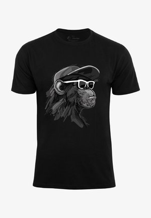 Black t-shirt featuring a graphic design of a monkey wearing a cap and sunglasses. The illustration is in gray tones with bold outlines.