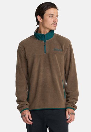 Man wearing brown fleece pullover with teal collar and zipper, standing against a plain light background, looking to his left.