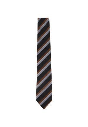 Cravatta nera con righe diagonali marroni, grigie e un motivo a linee bianche punteggiate.