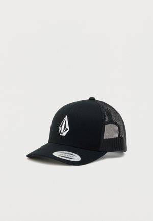 Casquette snapback noire avec un devant uni, des côtés en mesh et un logo blanc. Elle possède une visière courbée et une sangle ajustable à l'arrière.