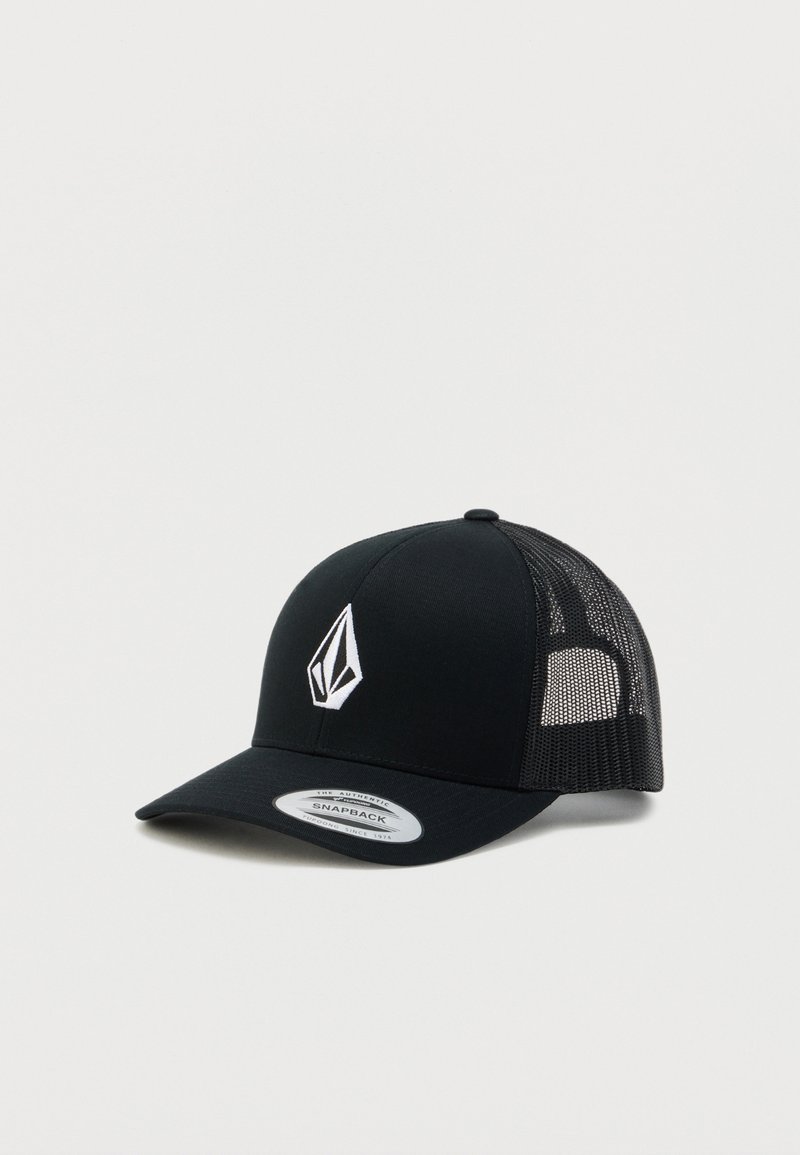 Casquette snapback noire avec un devant uni, des côtés en mesh et un logo blanc. Elle possède une visière courbée et une sangle ajustable à l'arrière.
