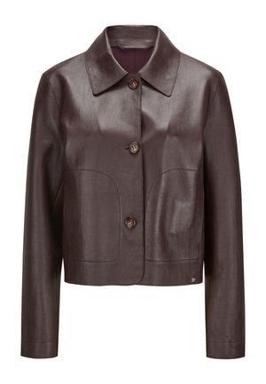 Dunkelbraune Lederjacke mit langen Ärmeln, drei vorderen Knöpfen, einem breiten Kragen und zwei vorderen Taschen.
