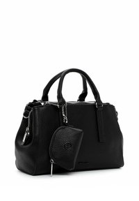 Svart läderhandväska med strukturfinish, dragkedjeförslutning, dubbla handtag och en avtagbar liten ficka. Silverfärgade detaljer förhöjer designen.