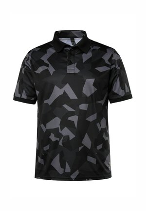 Czarna i szara koszulka polo z krótkim rękawem, z geometrycznym wzorem kamuflażu, kołnierzykiem i zapięciem na dwa guziki. Gładka tekstura materiału.
