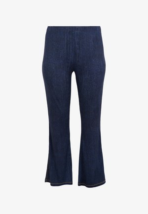 Dunkelblaue Denimhosen mit tailliertem Bund und leicht ausgestellten Beinen, mit dezenten Ziernähten am Saum.