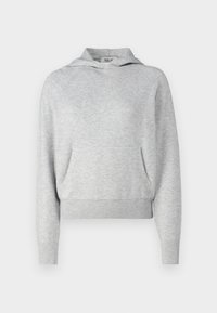 Hoodie en maille gris clair à manches longues, avec poche kangourou à l'avant et bords côtes aux poignets et à la base, présenté sur un fond blanc.