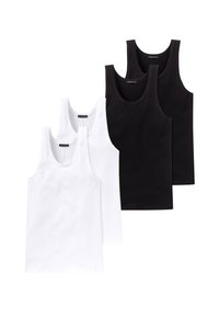 Vier geribde tanktops in wit en zwart, met ronde halslijnen en mouwloze ontwerpen, gemaakt van een zacht, rekbaar katoen.