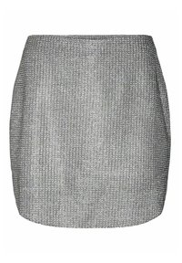 Stříbrná texturovaná mini sukně s tkaným vzorem, úzkého střihu a hladkým, mírně lesklým povrchem. Žádné viditelné kovové prvky ani akcenty.