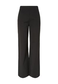 Črne hlače z širokimi hlačnicami iz gladkega blaga. Visok pas, brez vidnih zapenjanj in čist, minimalističen dizajn.