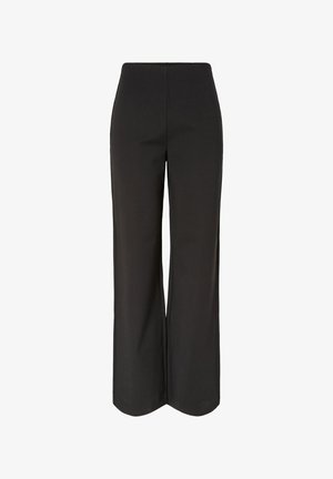 Melnas plašas bikšu bikses no gludas auduma. Augsts jostasvietas josta, nav redzamu aizdares detaļu, tīrs un minimālistisks dizains.