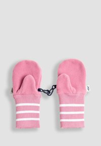 Rožinės pūkinės pirštinės su banguotu rankovės kraštu, kuriame yra baltos juostos. Prijungtos nedideliu mėlynu klipu patogiam transportavimui. Minkšta tekstūra.