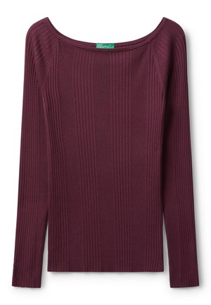 Haut à manches longues bourgogne à côtes avec un large décolleté et des fentes sur les côtés. Réalisé en tissu extensible, il présente une texture subtile sur l'ensemble.