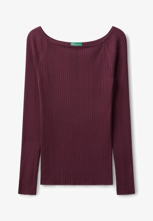 Bordeaux geribbelde lange mouw top met een brede halslijn en zijsplitten. Gemaakt van rekbare stof, met een subtiele textuur door het geheel.