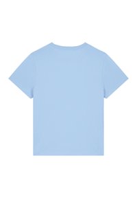 T-shirt en coton bleu clair avec un col rond et des manches courtes ; texture lisse et sans motifs ni embellissements visibles.