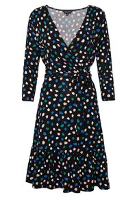 Svart omlottklänning med V-ringning, långa ärmar och volangkjol. Har ett flerfärgat blommönster i teal, blått, krämfärgat och grönt.