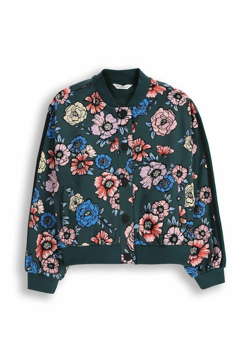 Ciemnozielenia bomberka z ribbowanym kołnierzem, mankietami i dolnym wykończeniem, z dużym, wielokolorowym nadrukiem kwiatowym i czarnymi zatrzaskami z przodu.