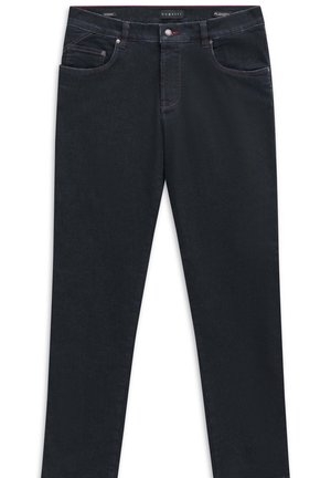 Dunkelblaue Jeanshose mit glatter Textur, Fünf-Taschen-Design und dezenten Kontrastnähten. Mit einem Markenbund und einem Knopfverschluss.