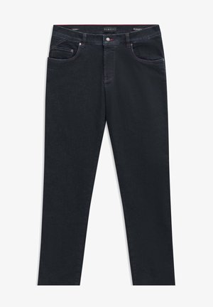 Dark denim trousers with a smooth texture, five-pocket design, and subtle contrasting stitching. Features a branded waistband with a button closure.