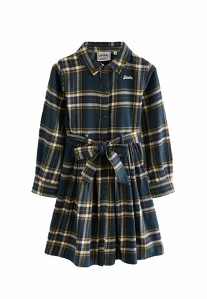 Flanellkleid in Dunkelblau mit kariertem Muster in Gelb, Rot und Weiß. Verfügt über eine durchknöpfbare Vorderseite, einen Kragen und einen Bindegürtel in der Taille.