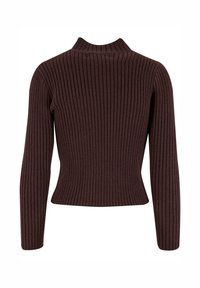 Brązowy prążkowany sweter z wysokim kołnierzem i długimi rękawami, o dopasowanym kroju i gładkiej fakturze. Pokazany widok od tyłu.