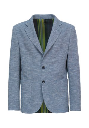 Blazer da uomo azzurro chiaro con texture, rever a lancia, due bottoni frontali, tre tasche esterne e fodera interna a righe verdi.