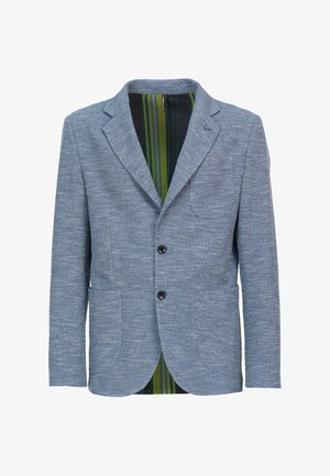 Herrenblazer in Hellblau mit Struktur, mit Kerbkragen, zwei vorderen Knöpfen, drei Außentaschen und gestreiftem grünen Innenfutter.