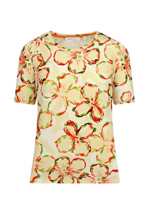 Floral short-sleeve T-shirt made of light fabric, featuring a cream background with large red and green watercolored flower patterns.