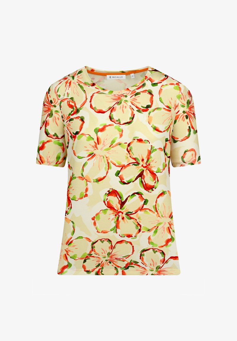 Floral short-sleeve T-shirt made of light fabric, featuring a cream background with large red and green watercolored flower patterns.