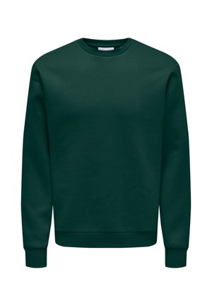 Ciemnozielona bluza z okrągłym dekoltem, długimi rękawami oraz ściągaczami na mankietach i na dole, prezentowana na białym tle.