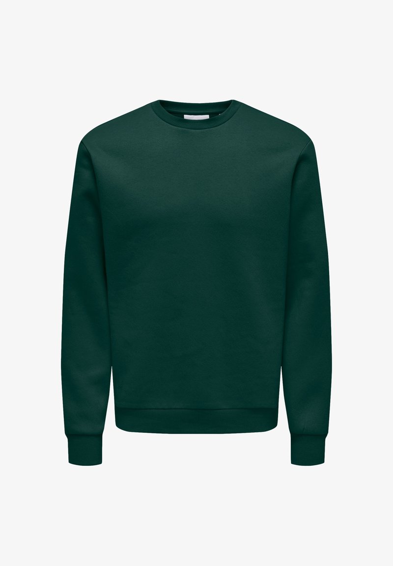 Sweatshirt à col rond vert foncé avec manches longues et poignets et ourlet côtelés, présenté sur un fond blanc.