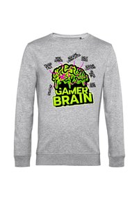 Felpa grigia con un design grafico che presenta un cervello verde e rosa. Il testo include "GAMER BRAIN" e frasi correlate al gioco.