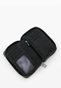 Black zippered wallet made of fabric, featuring card slots, a zip pocket, and a transparent ID window on the inside. Durable and compact design.