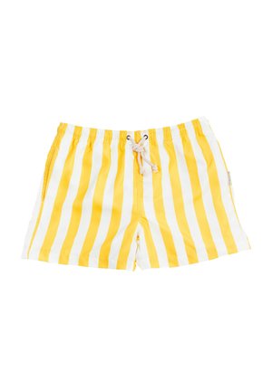 Gelbe und weiße gestreifte Badeshorts aus leichtem Material, mit einem elastischen Bund und Kordelzug zur Anpassung.