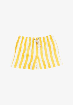Krótkie spodenki kąpielowe w żółto-białe paski, wykonane z lekkiej tkaniny, z elastycznym pasem i sznurkiem do regulacji.